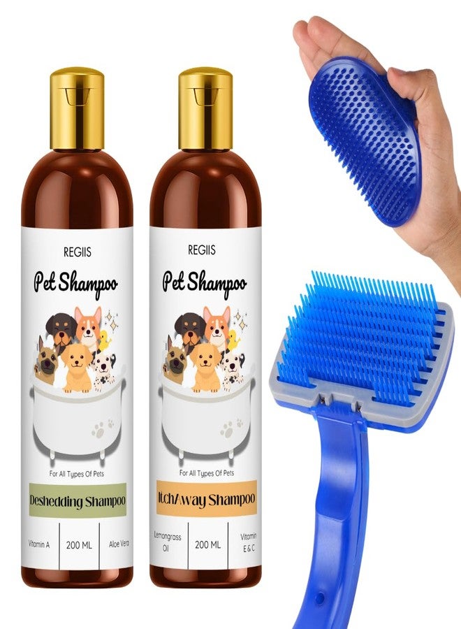 REGIIS Pet Grooming Set, Deshedding and Itch Relief Shampoo with Brush, 200 ML Bottles, Aloe Vera and Vitamin Enriched Formula for All Types of Pets - Image 1